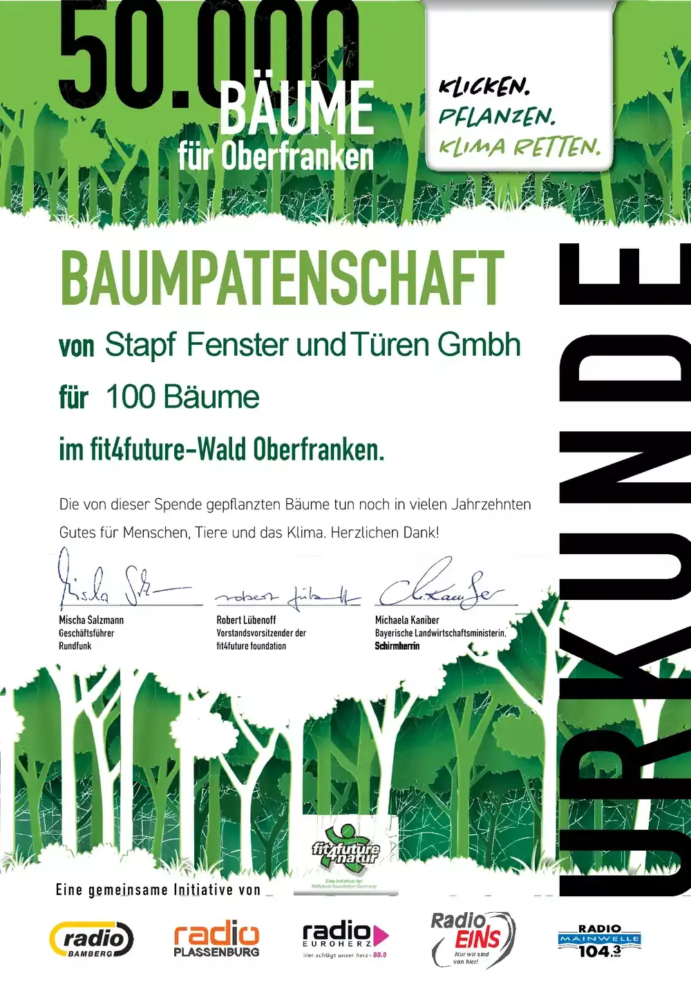BAUMPATENSCHAFT - fit4future Wald Oberfranken -VON STAPF FENSTER & TÜREN GmbH 